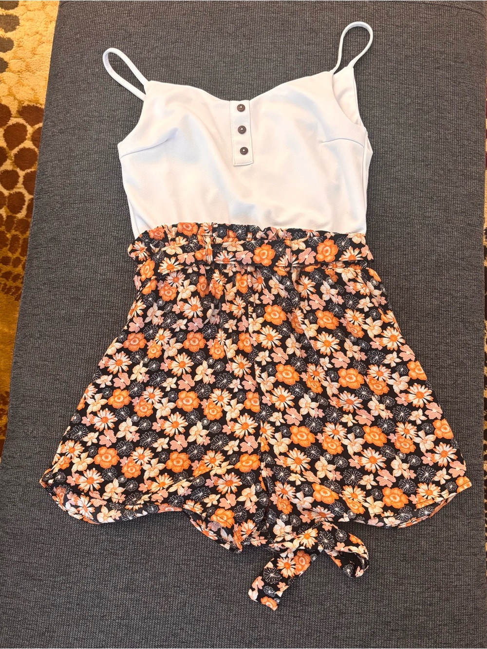 J for Justify Black Floral High-Waist Romper with Orange Flowers